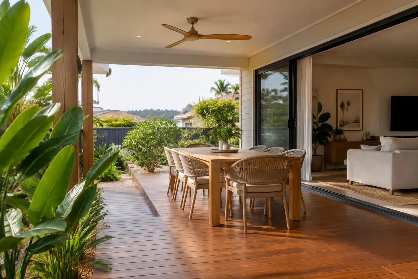 Covered timber deck with an outdoor dining setting opening from the living room of a Gold Coast home