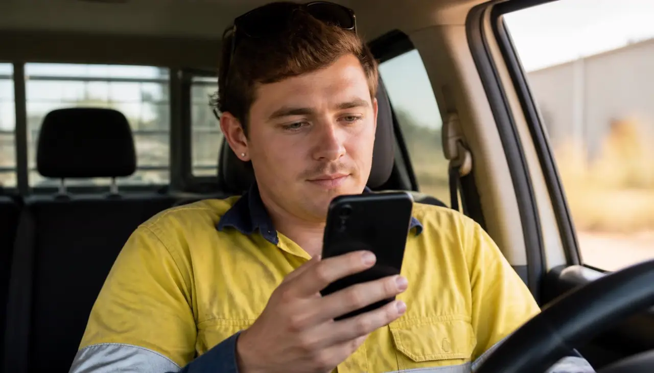 Tradesperson sitting in a work ute researching a construction company on a smartphone