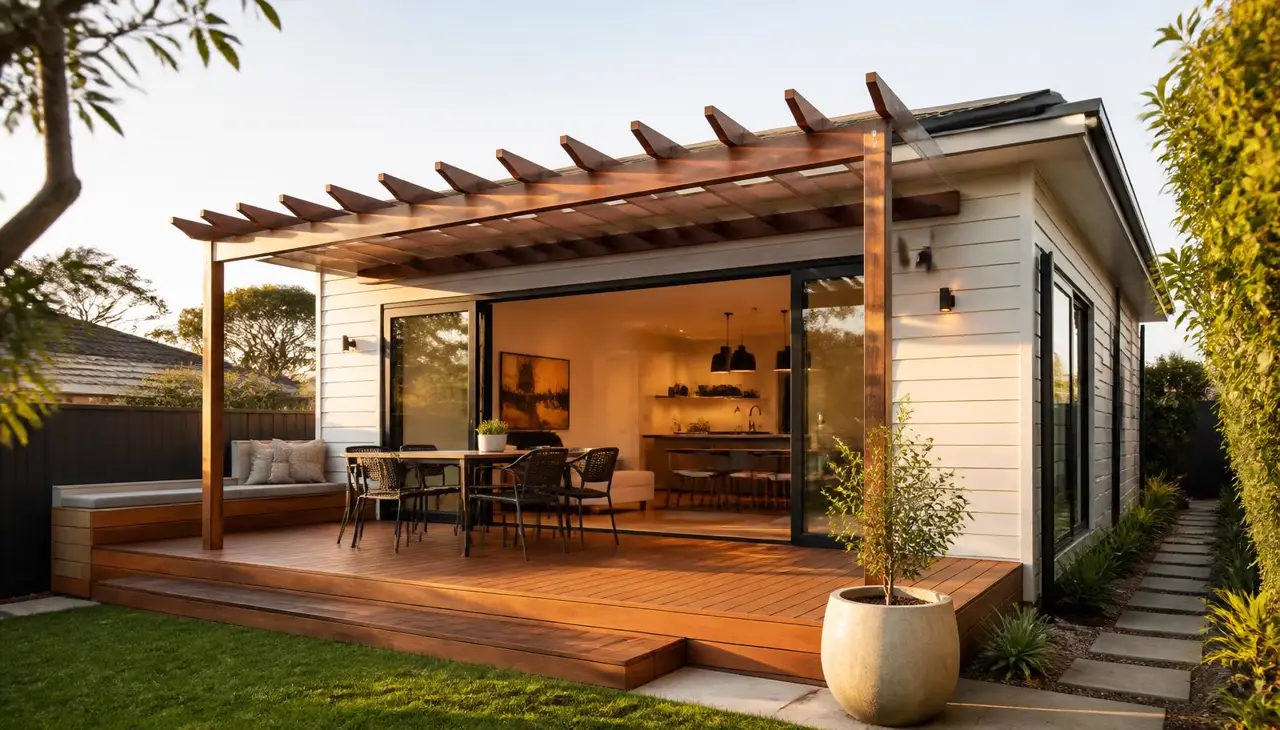 Completed Australian home extension with a timber deck and pergola photographed for a builder's project portfolio