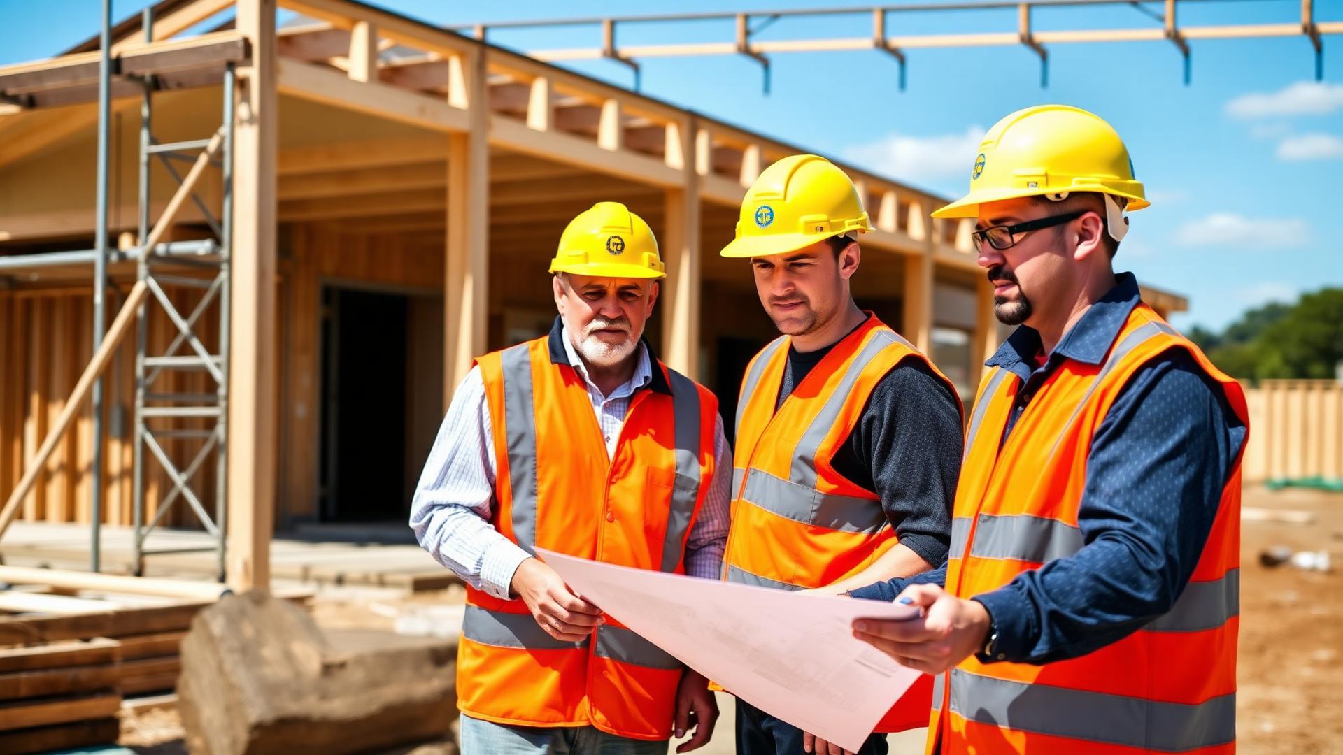 Australian construction workers reviewing plans on a residential building site
