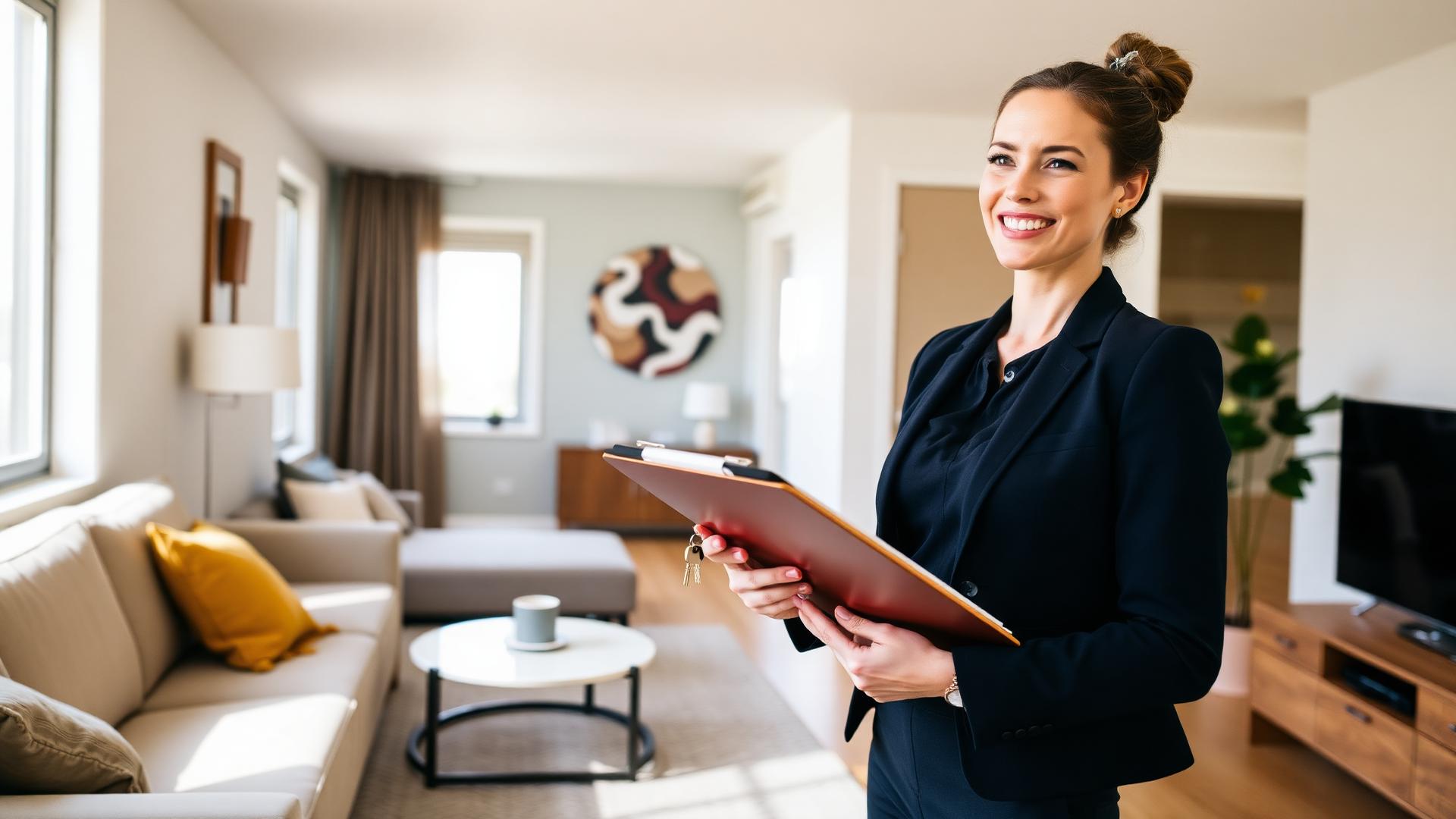 Property manager completing a routine inspection inside a bright Australian rental home